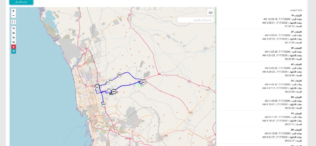 Historical route map with numbered stops and stop-duration sidebar